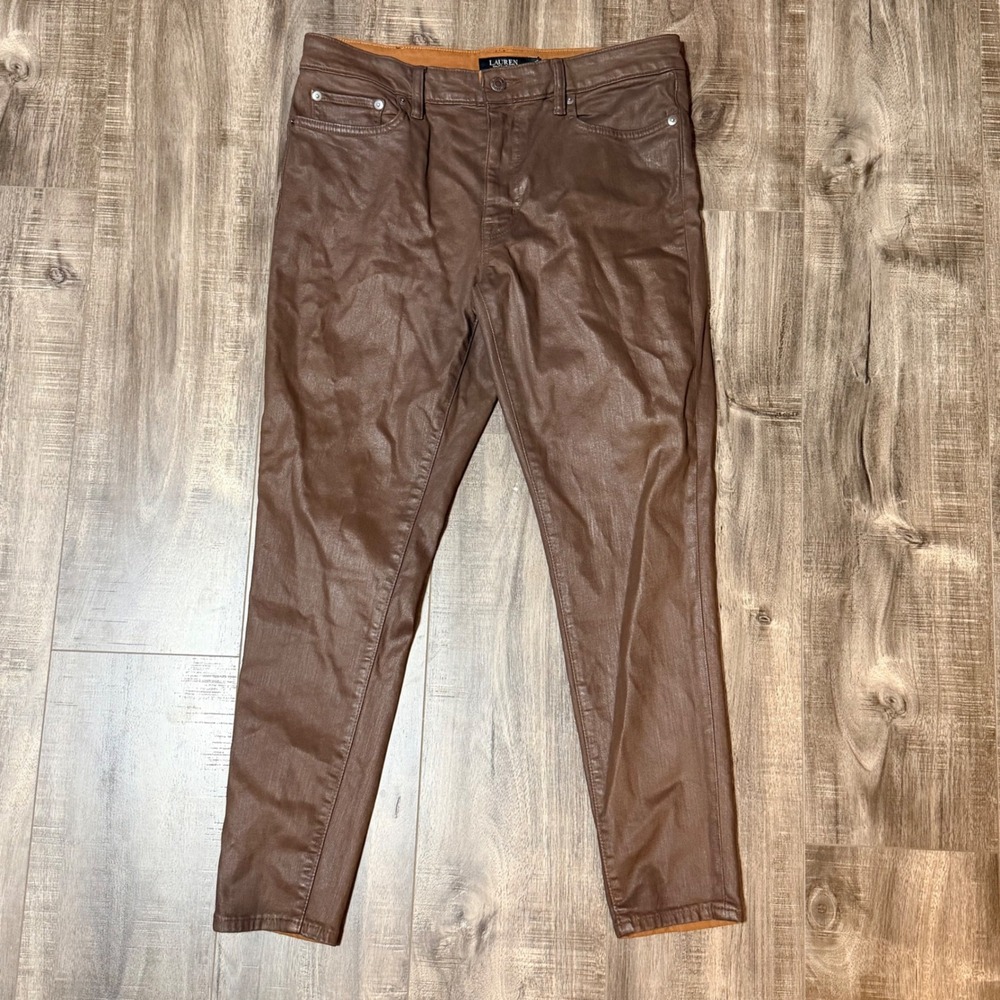 Lauren Ralph Lauren Womens Coated Skinny Jeans Brown Leather Look Size 12